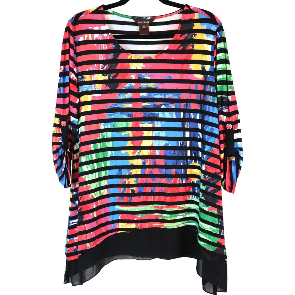 Multiples Striped Tunic Blouse 3/4 Roll Tab Sleeve SharkBite Asymmetric Hem M
